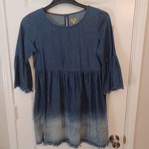 True Craft Denim Ombray Bell Sleeve Mini Dress Sz M